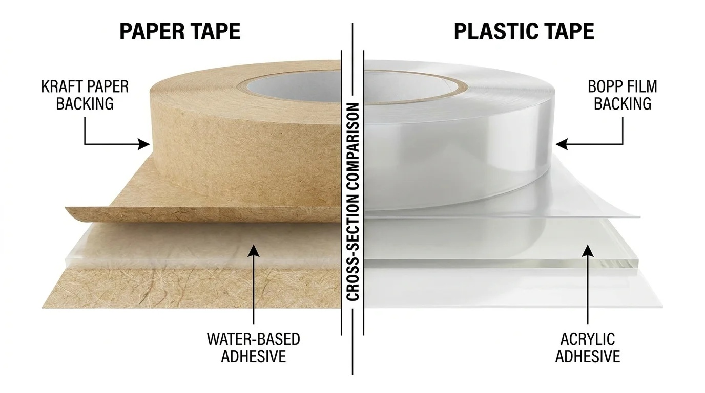 A detailed cross-sectional illustration comparing paper tape and plastic tape. The paper tape side reveals kraft paper backing and water-based adhesive, while the plastic tape side shows BOPP film and acrylic adhesive. Clean technical callouts with arrows identifying each layer. White background, engineering-style infographic, realistic textures, professional educational design, highly detailed.